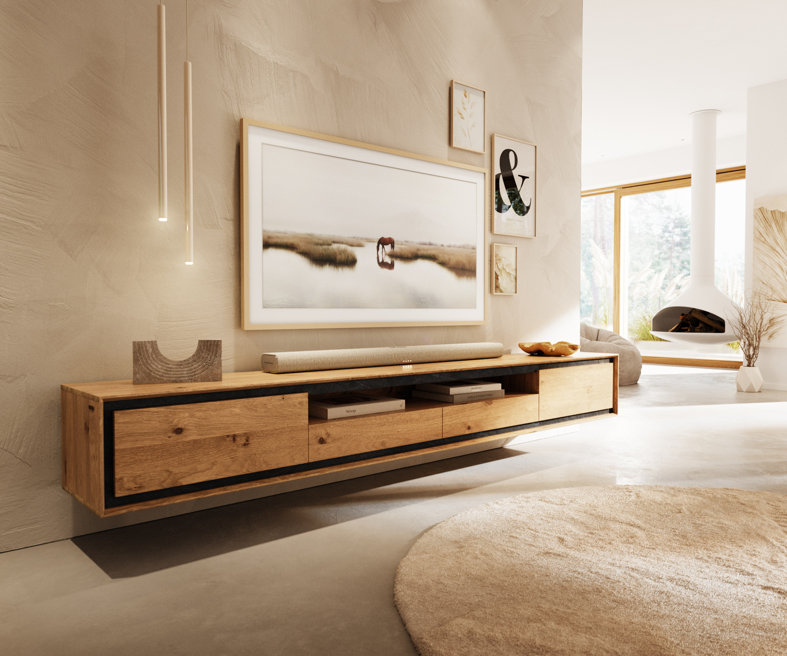 TV szekrény Stonegrace 240 cm tölgy természetes 2 ajtós 1 rekeszes 2 fiókos kőfurnér lebegő