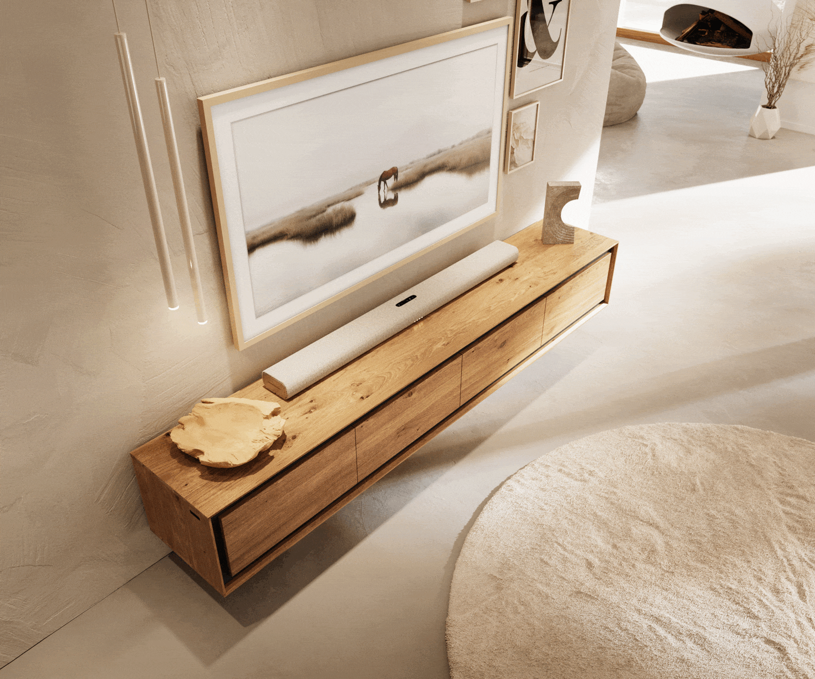 TV szekrény Stonegrace 200 cm tölgy természetes 4 ajtós kőfurnér lebegő - Image 4