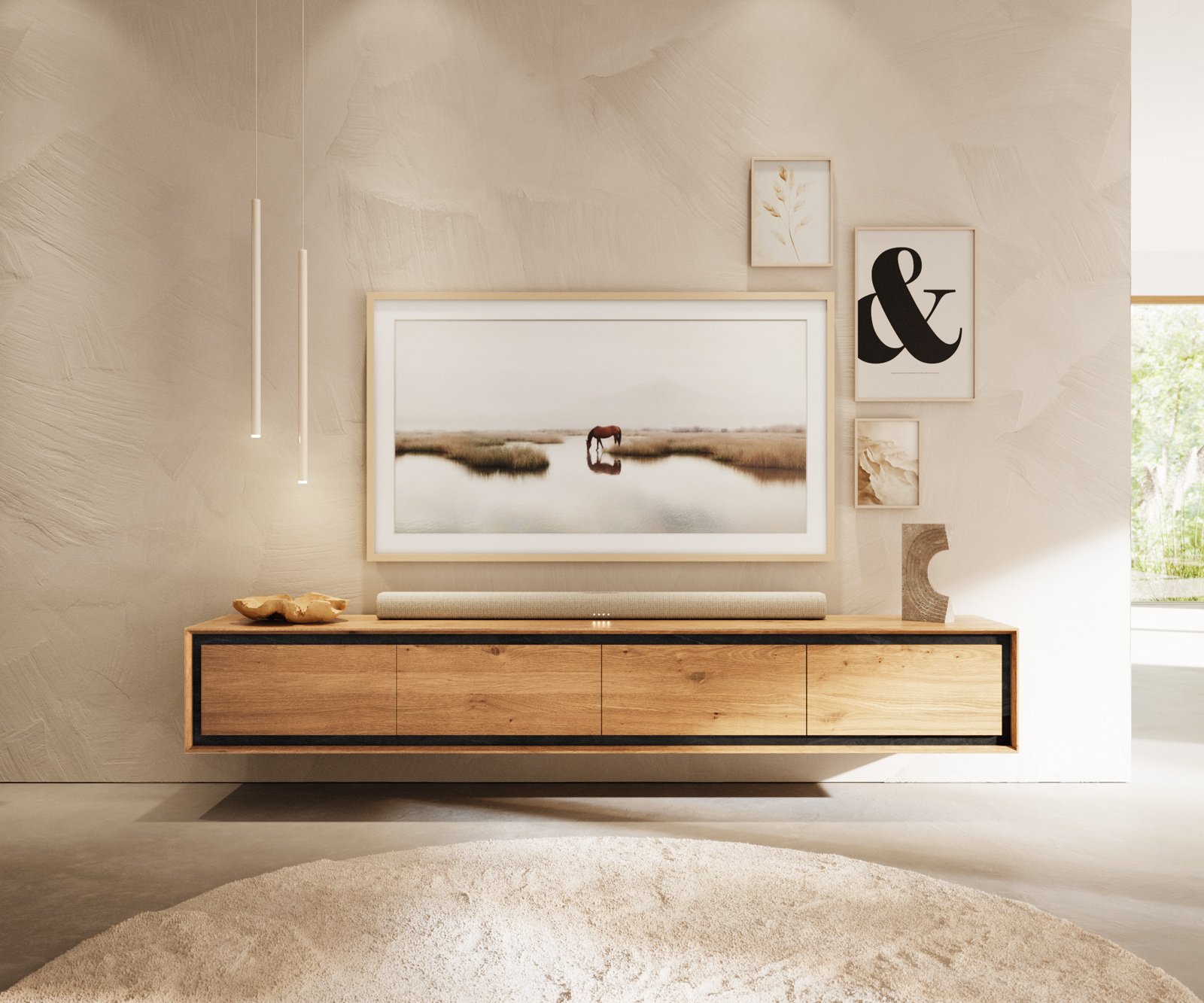 TV szekrény Stonegrace 200 cm tölgy természetes 4 ajtós kőfurnér lebegő - Image 2