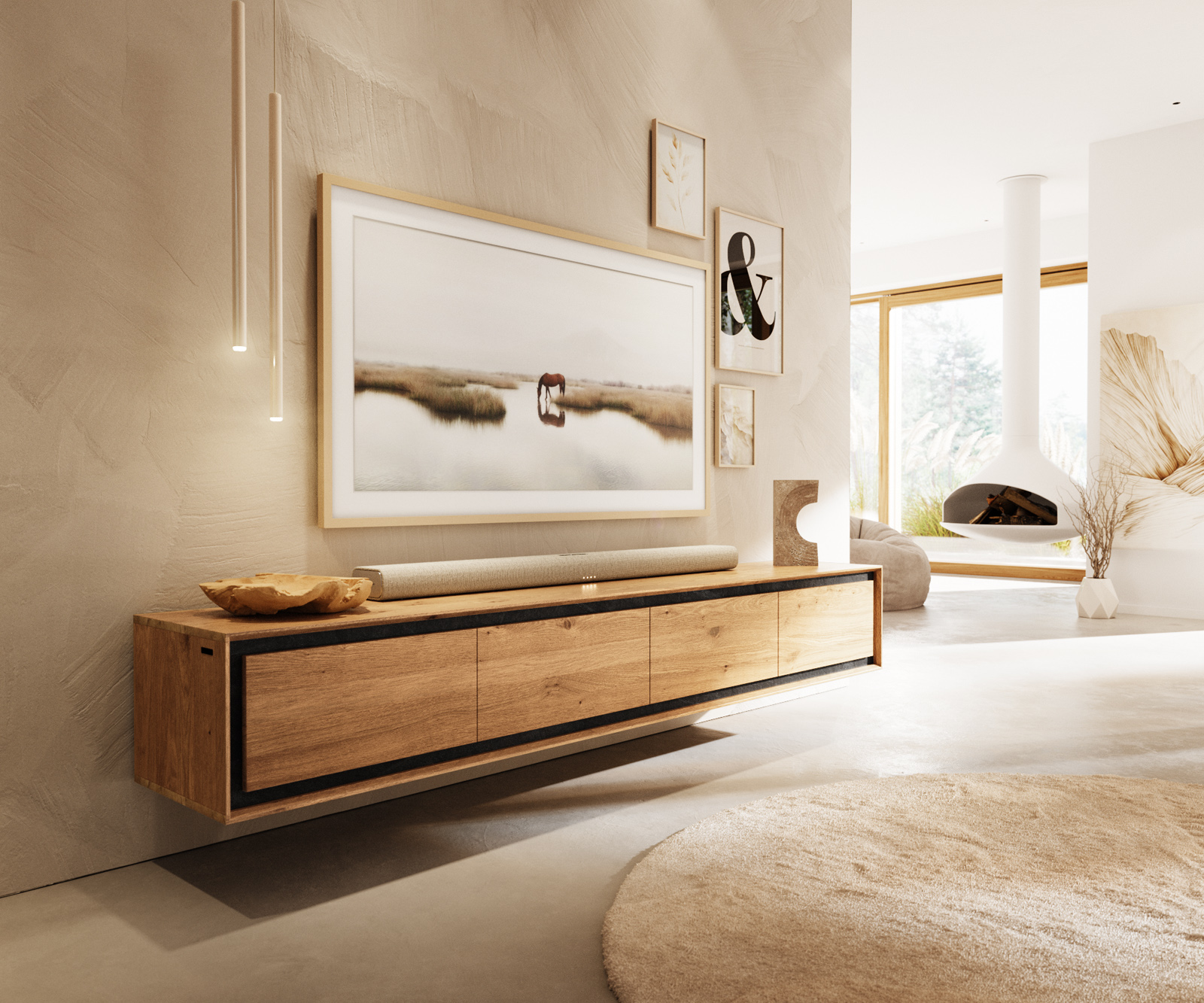 TV szekrény Stonegrace 200 cm tölgy természetes 4 ajtós kőfurnér lebegő