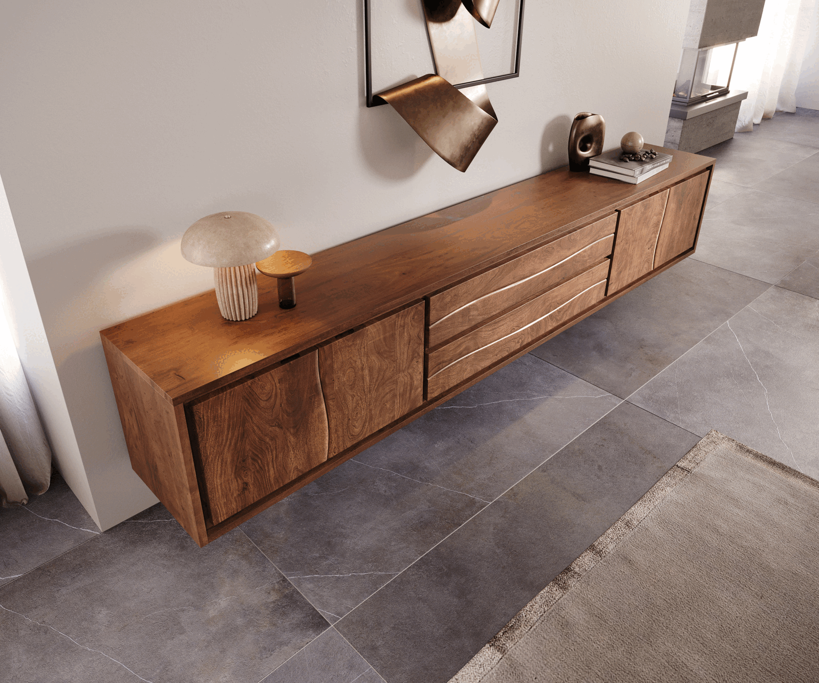 TV szekrény Live-Edge 300 cm akác barna 4 ajtós 2 fiókos lebegő - Image 4