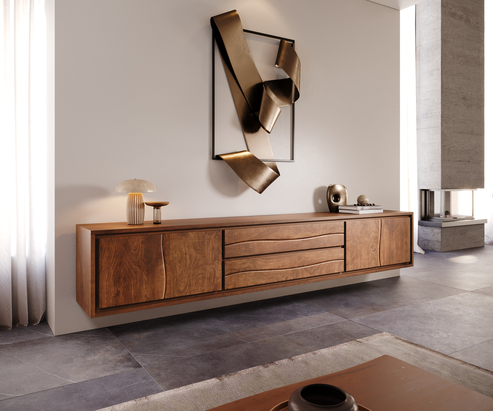 TV szekrény Live-Edge 300 cm akác barna 4 ajtós 2 fiókos lebegő