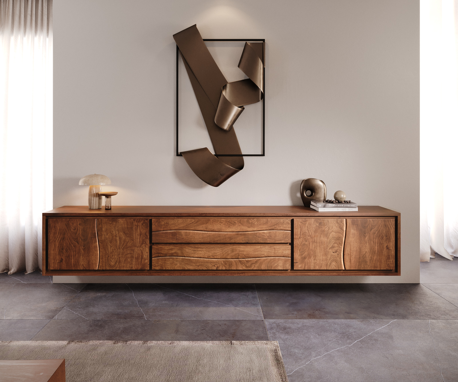 TV szekrény Live-Edge 300 cm akác barna 4 ajtós 2 fiókos lebegő - Image 2