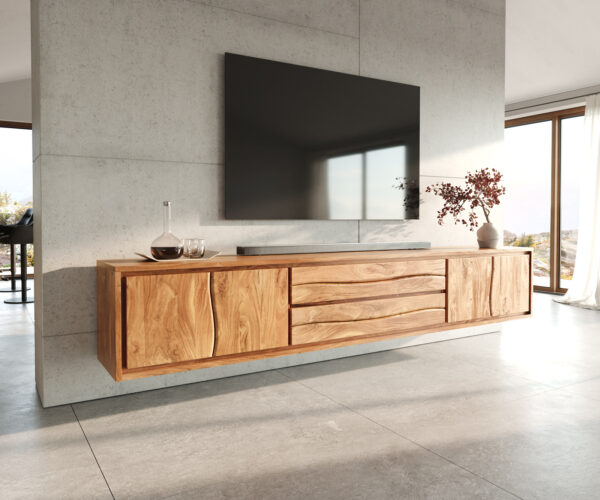 TV szekrény Live-Edge 300 cm akác természetes 4 ajtós 2 fiókos lebegő