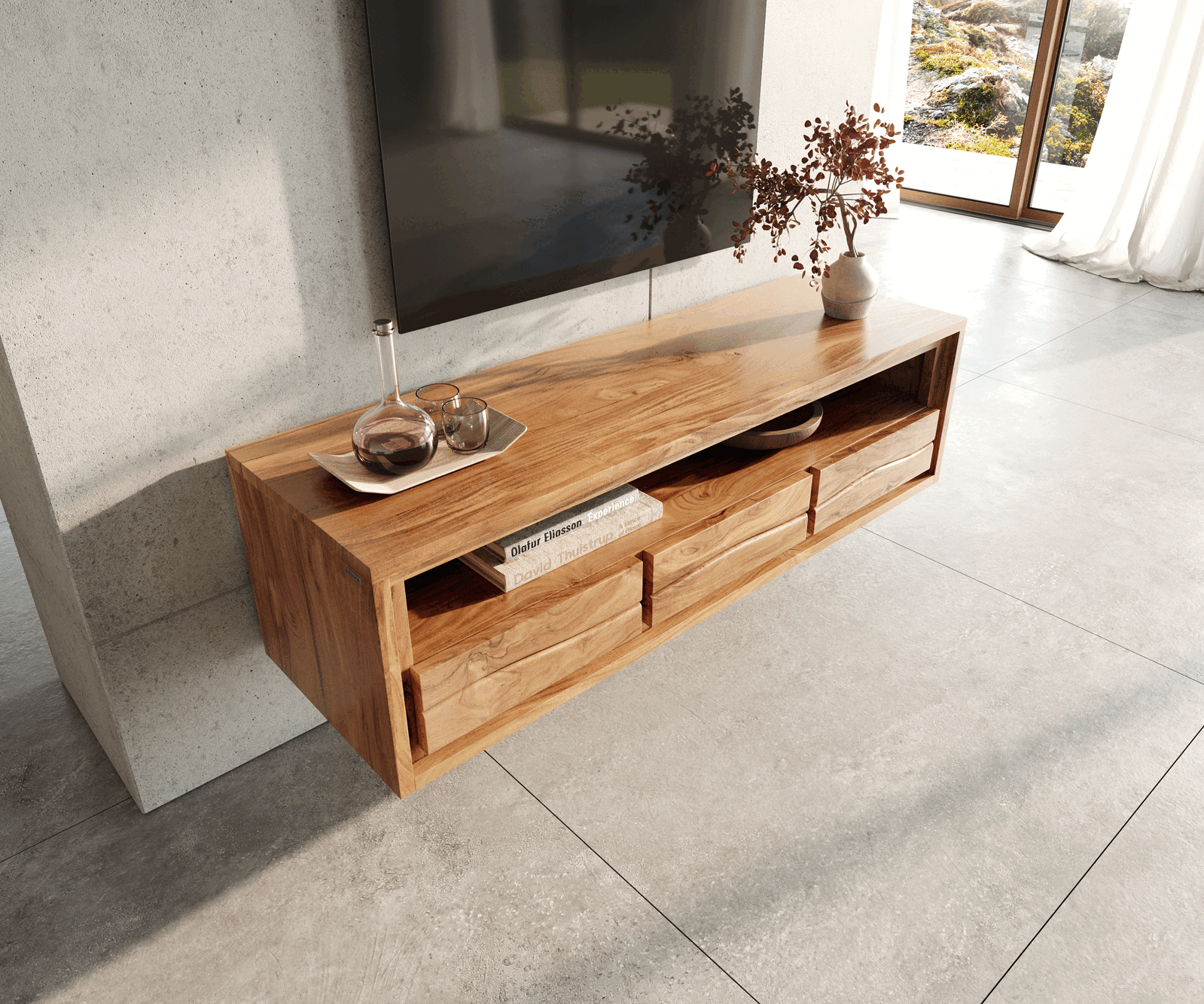 TV szekrény Live-Edge 146 cm akác természetes 3 fiók 1 rekesz lebegő - Image 4