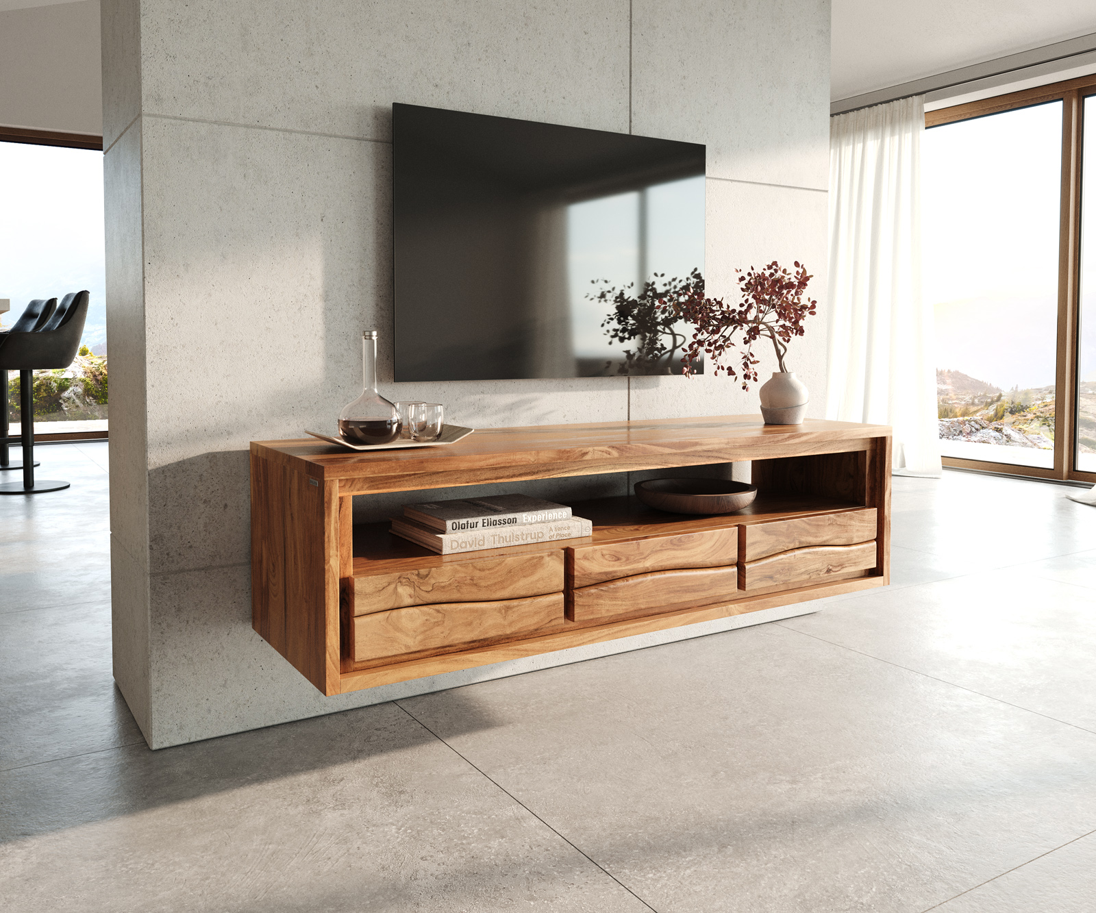 TV szekrény Live-Edge 146 cm akác természetes 3 fiók 1 rekesz lebegő