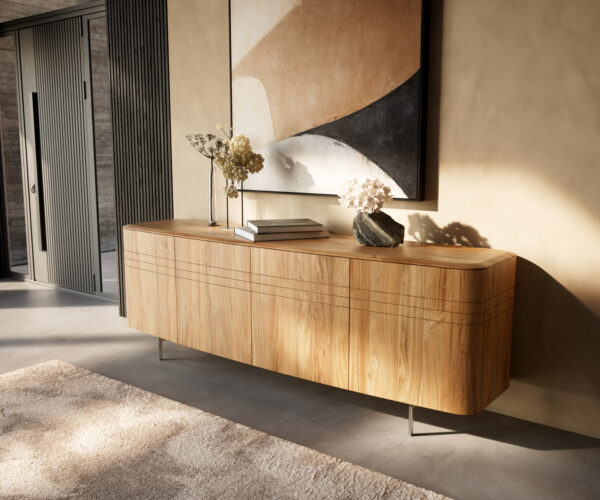 Komód Nagaru 200 cm akác aura 4 ajtós ovális rozsdamentes acél lábbal