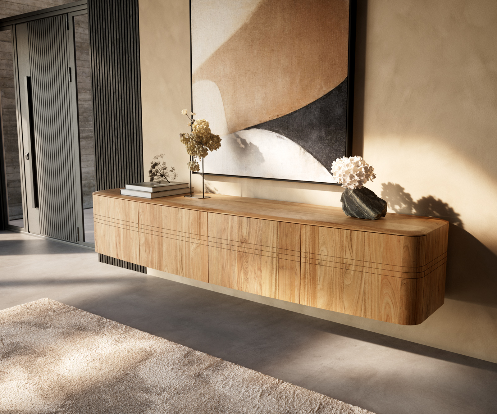 TV szekrény Nagaru 220 cm akác aura 4 ajtós lebegő