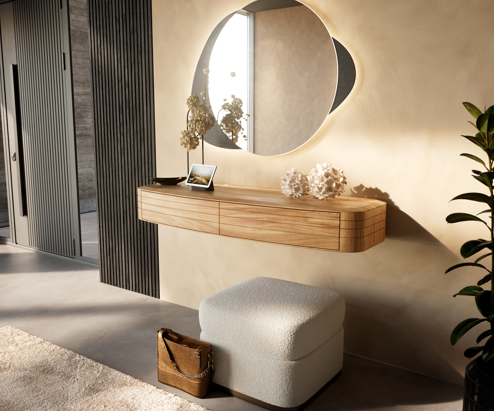 Konzolasztal Nagaru 125x40 cm akác aura 2 fiókos lebegő