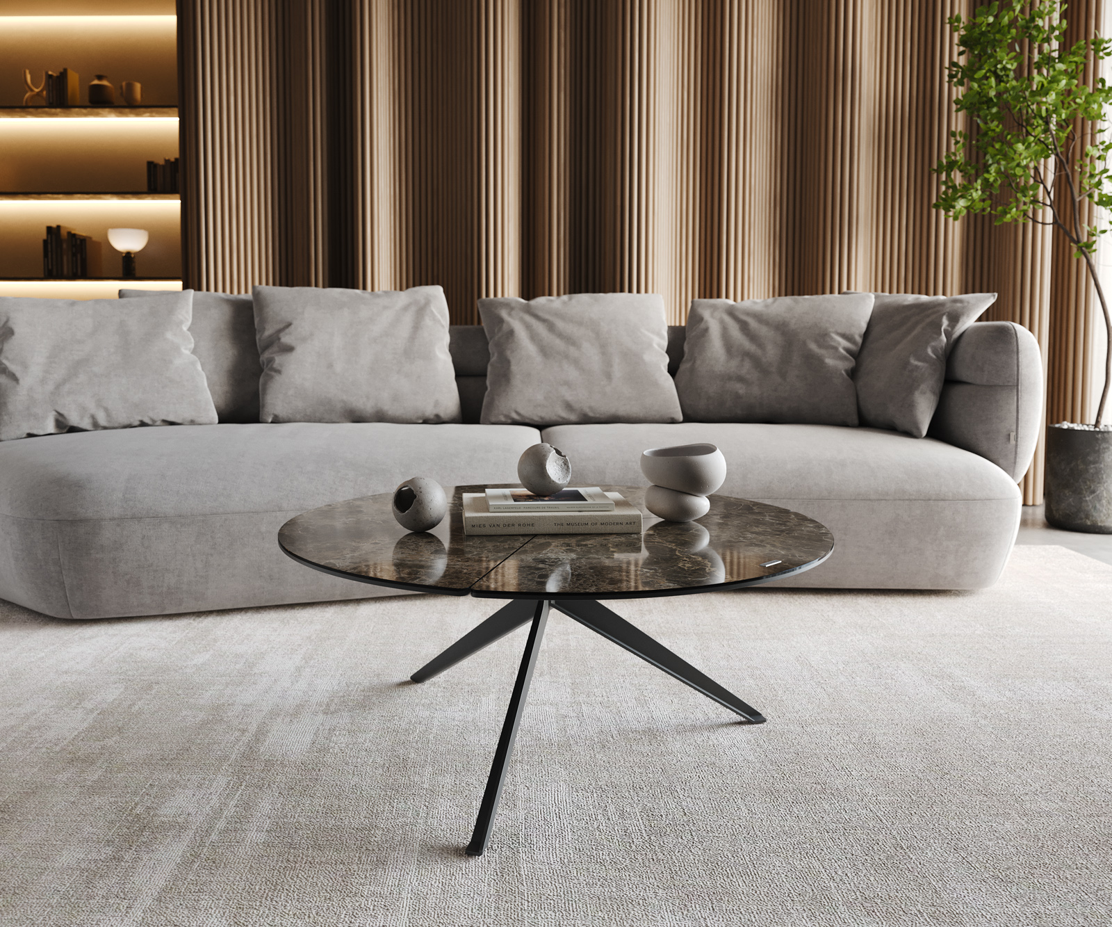 Dohányzóasztal Delron 90x90 cm kerámia Laminam®Emperador Extra Lucidato sötétbarna kereszt láb lapos fém fekete - Image 2