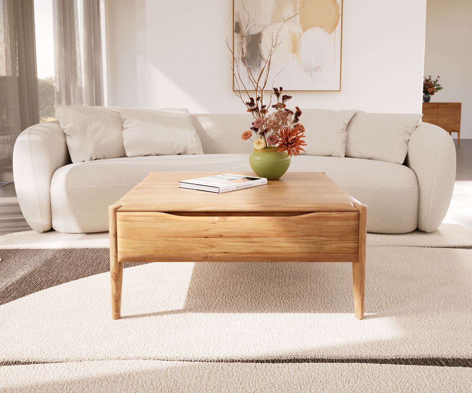 Dohányzóasztal Simcha 90x90 cm akác természetes 1 billenő ajtó - Image 2