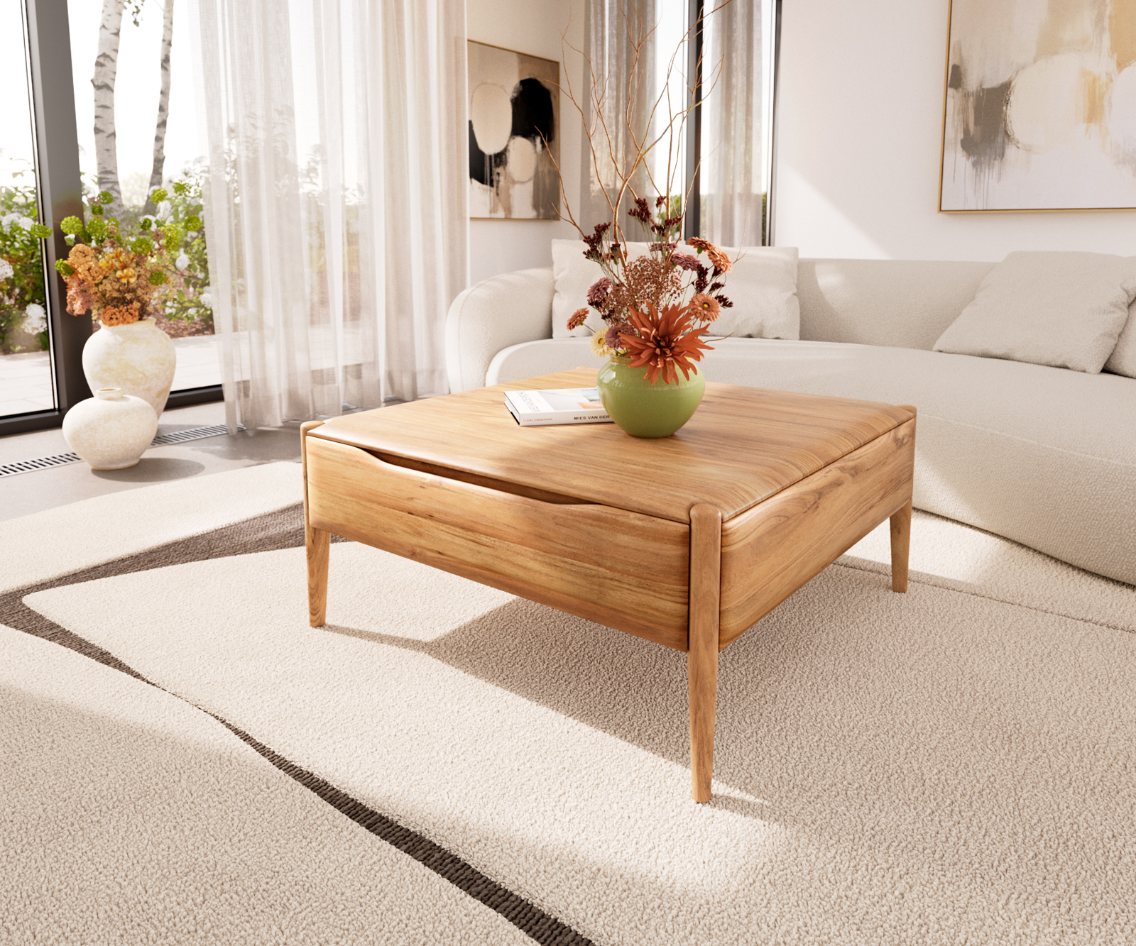 Dohányzóasztal Simcha 90x90 cm akác természetes 1 billenő ajtó