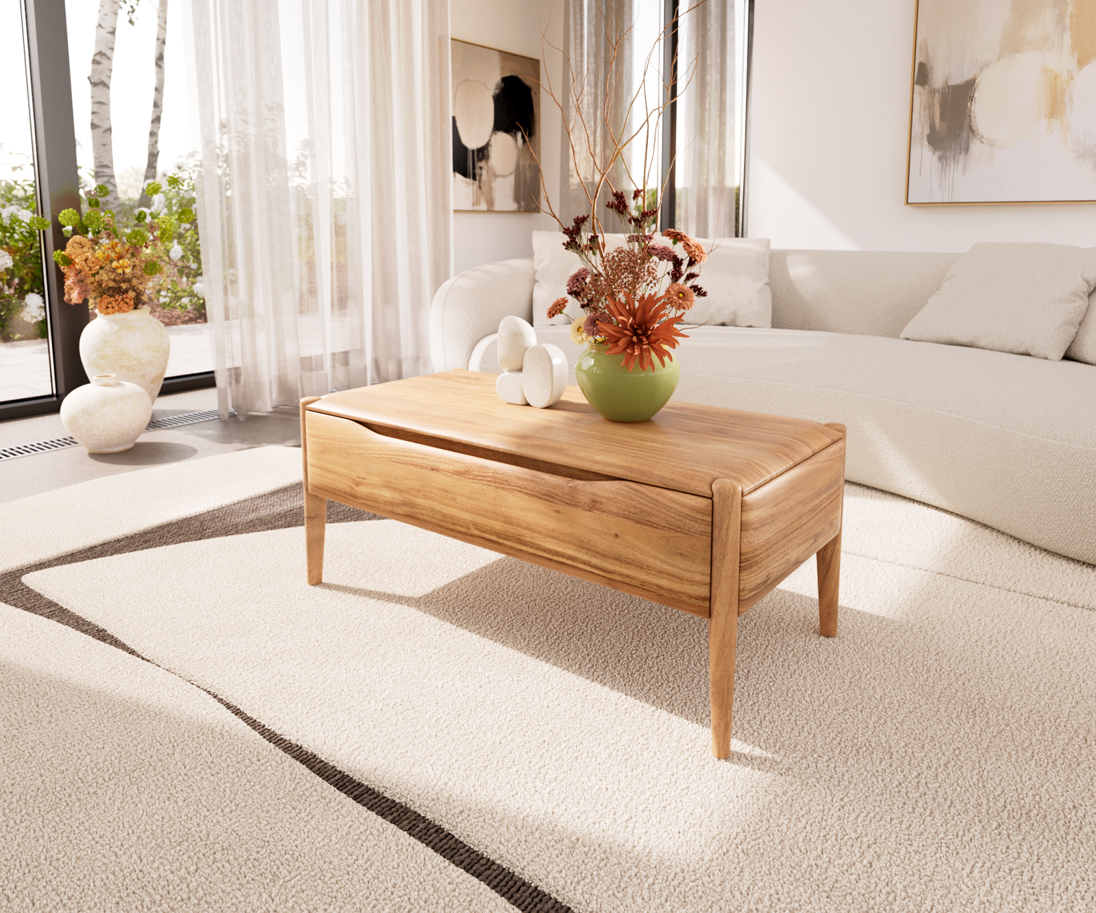 Dohányzóasztal Simcha 100x50 cm akác természetes 2 billenő ajtós