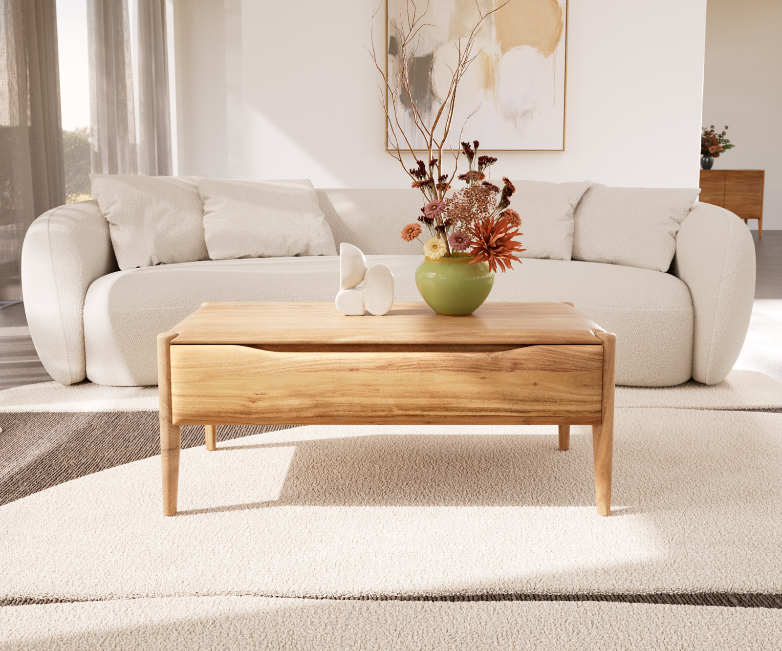 Dohányzóasztal Simcha 100x50 cm akác természetes 2 billenő ajtós - Image 2