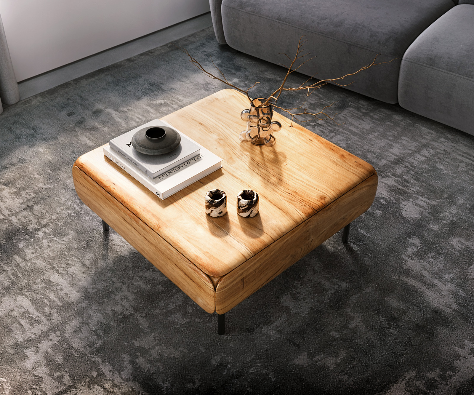 Dohányzóasztal Shavani 90x90 cm akác természetes 2 fiókos fém fekete - Image 4