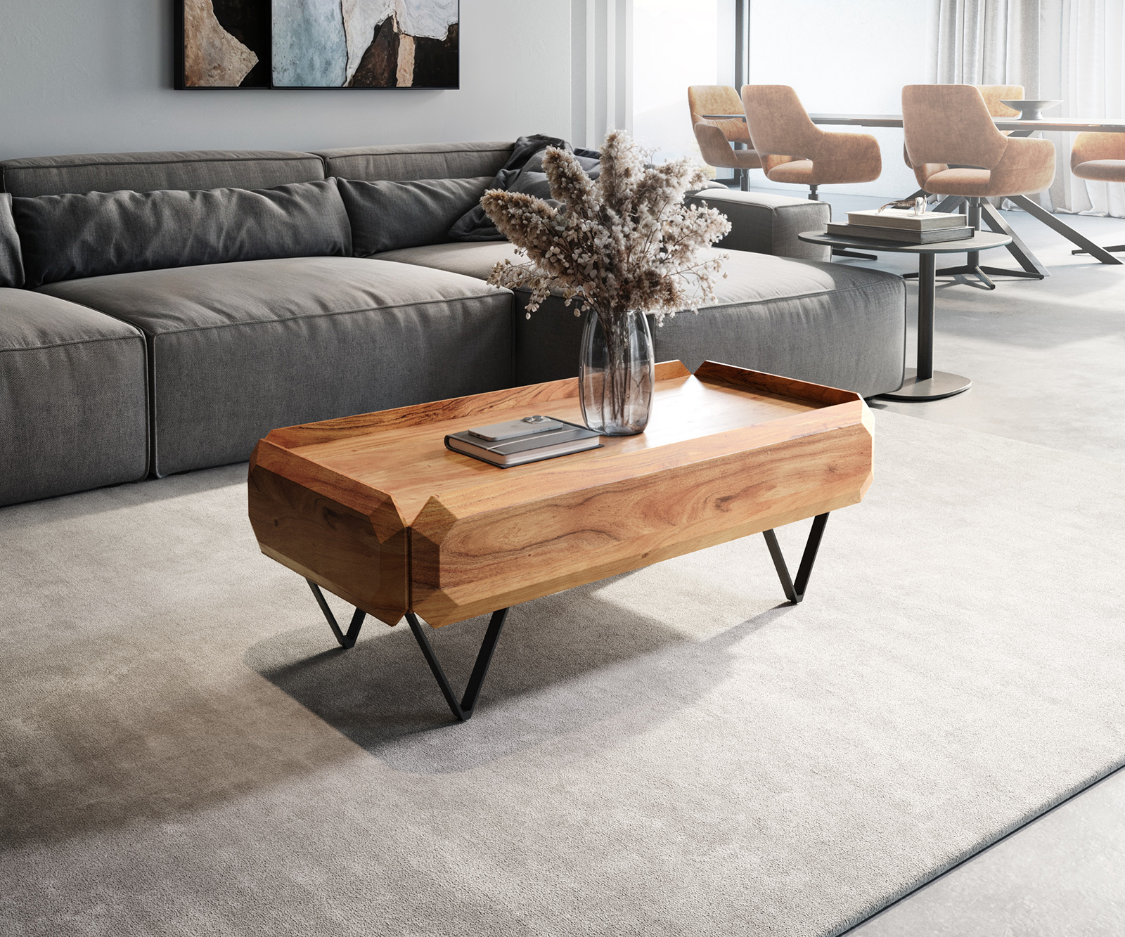 Dohányzóasztal Kiano 100x50 cm akác természetes 2 fiók "V" alakú láb fekete