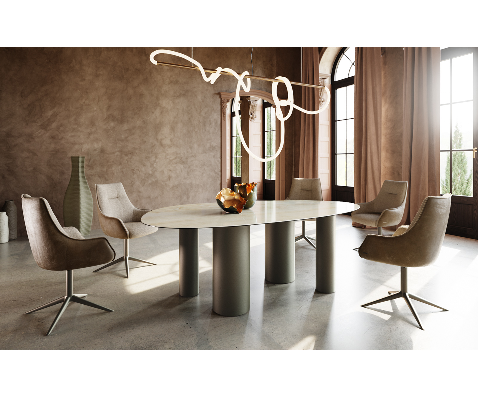 Étkezőasztal Edge ovális 220x120 kerámia iris FMG onice oro pilier fém effekt felület titán - Image 5