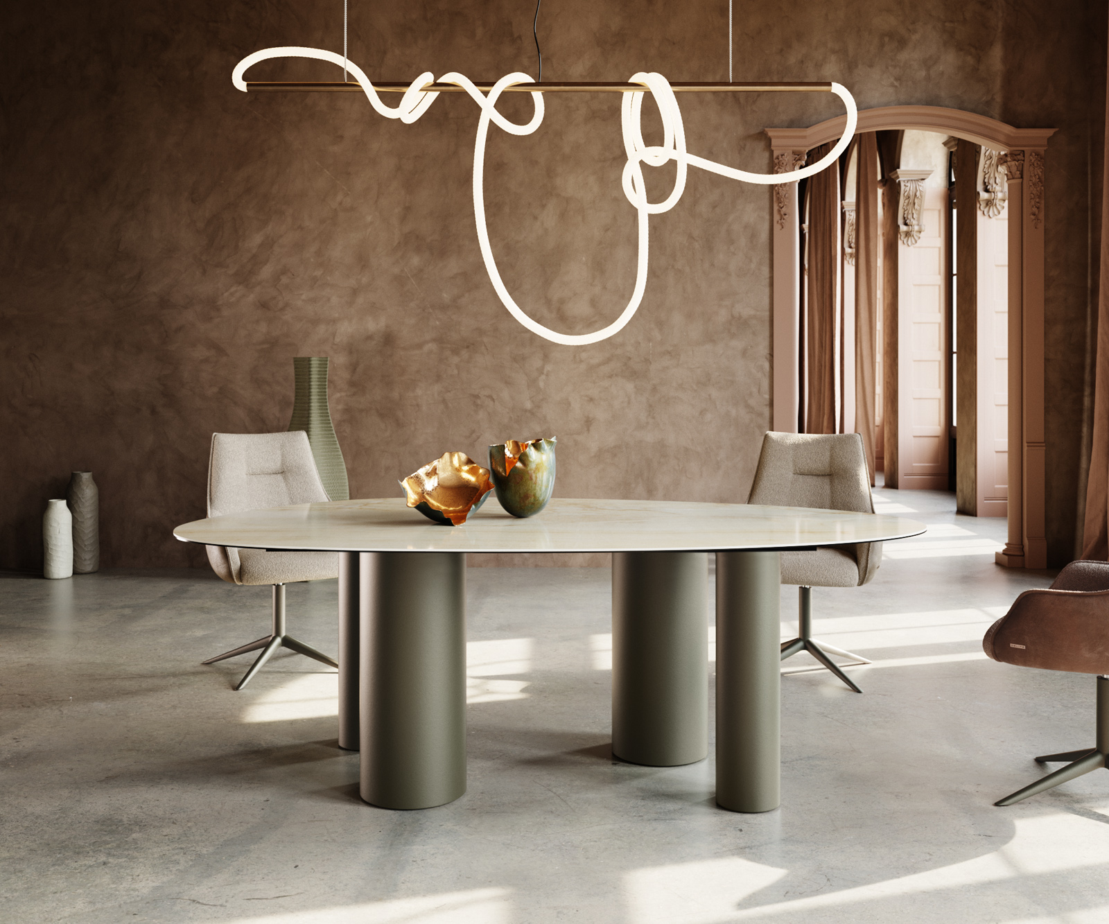 Étkezőasztal Edge ovális 220x120 kerámia iris FMG onice oro pilier fém effekt felület titán - Image 2