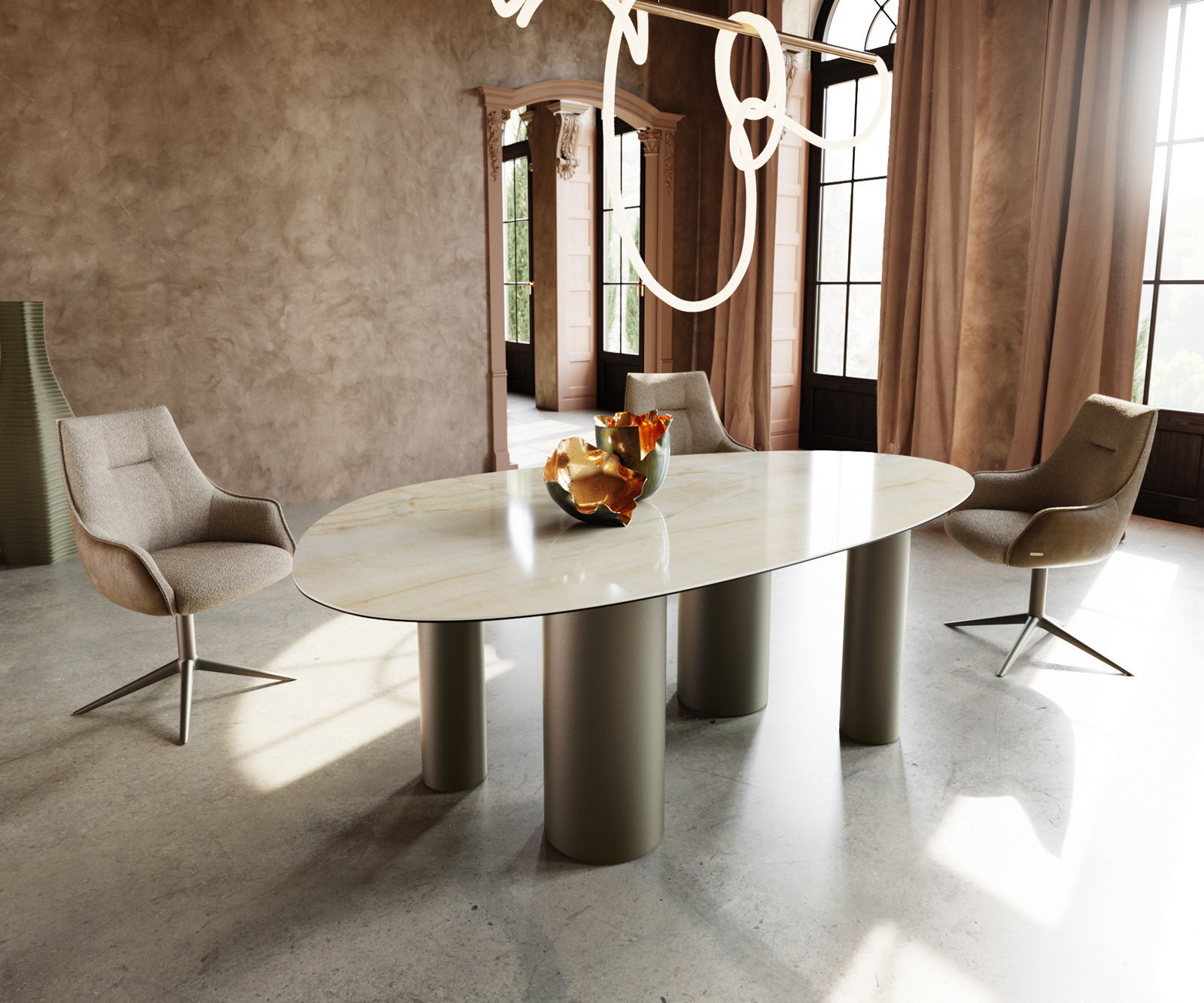 Étkezőasztal Edge ovális 220x120 kerámia iris FMG onice oro pilier fém effekt felület titán