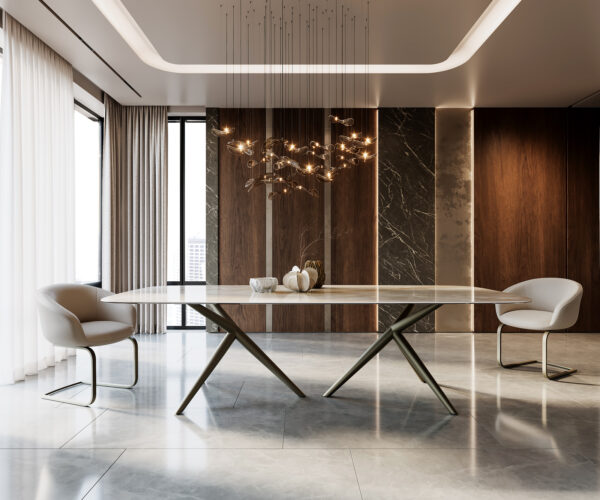 Étkezőasztal Edge hajóformájú 270x120 cm kerámia Iris FMG Onice Grigio Estelar kerek fém titán effekt felület - Image 2