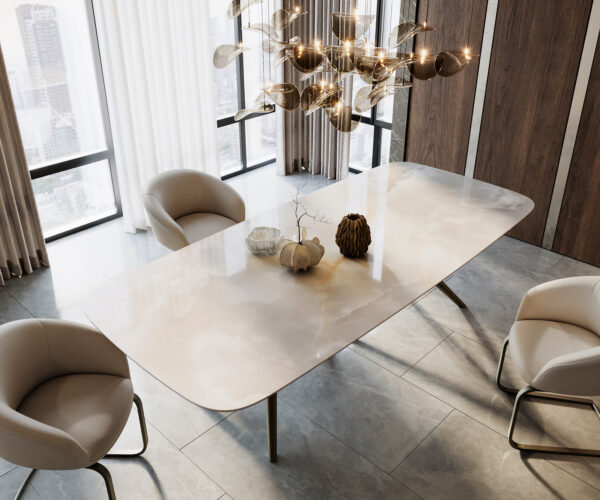 Étkezőasztal Edge hajóformájú 270x120 cm kerámia Iris FMG Onice Grigio Estelar kerek fém titán effekt felület - Image 5