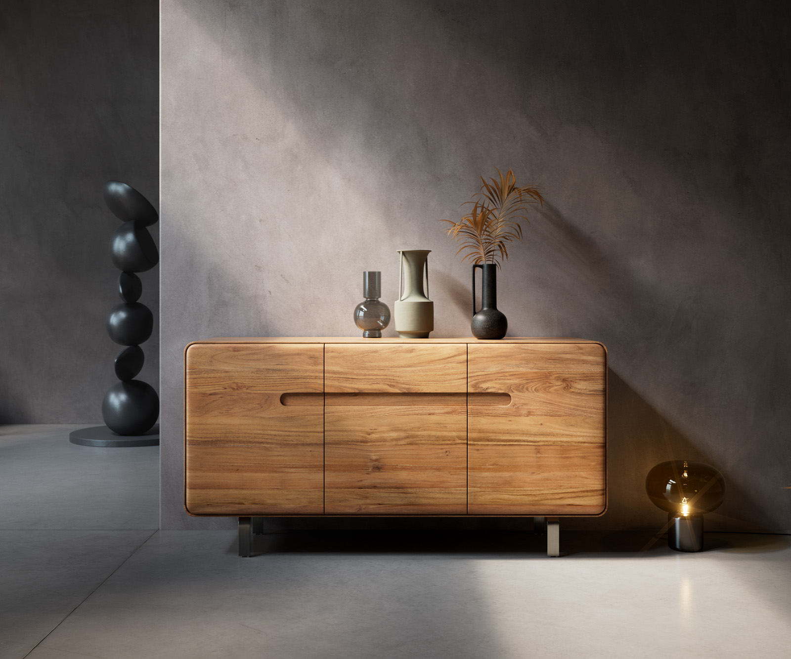 Komód Anaya 145 cm akác természetes 3 ajtós L-láb rozsdamentes acélból