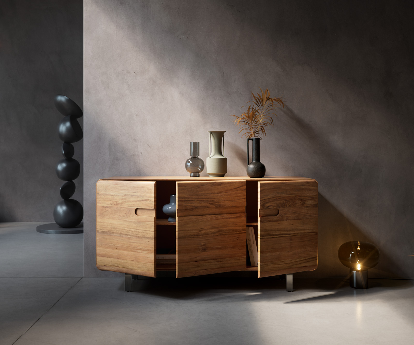 Komód Anaya 145 cm akác természetes 3 ajtós L-láb rozsdamentes acélból - Image 5