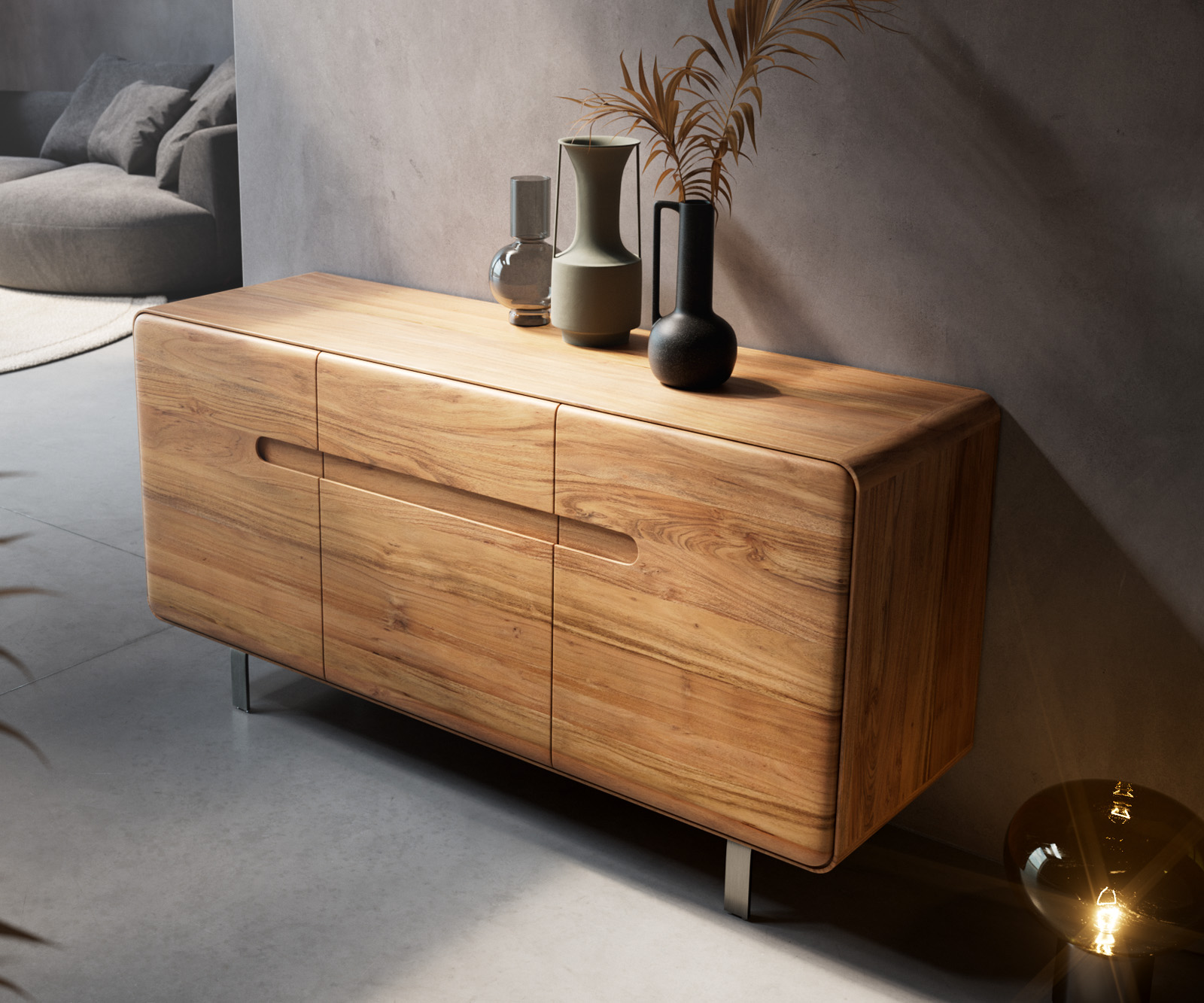 Komód Anaya 145 cm akác természetes 3 ajtós L-láb rozsdamentes acélból - Image 4