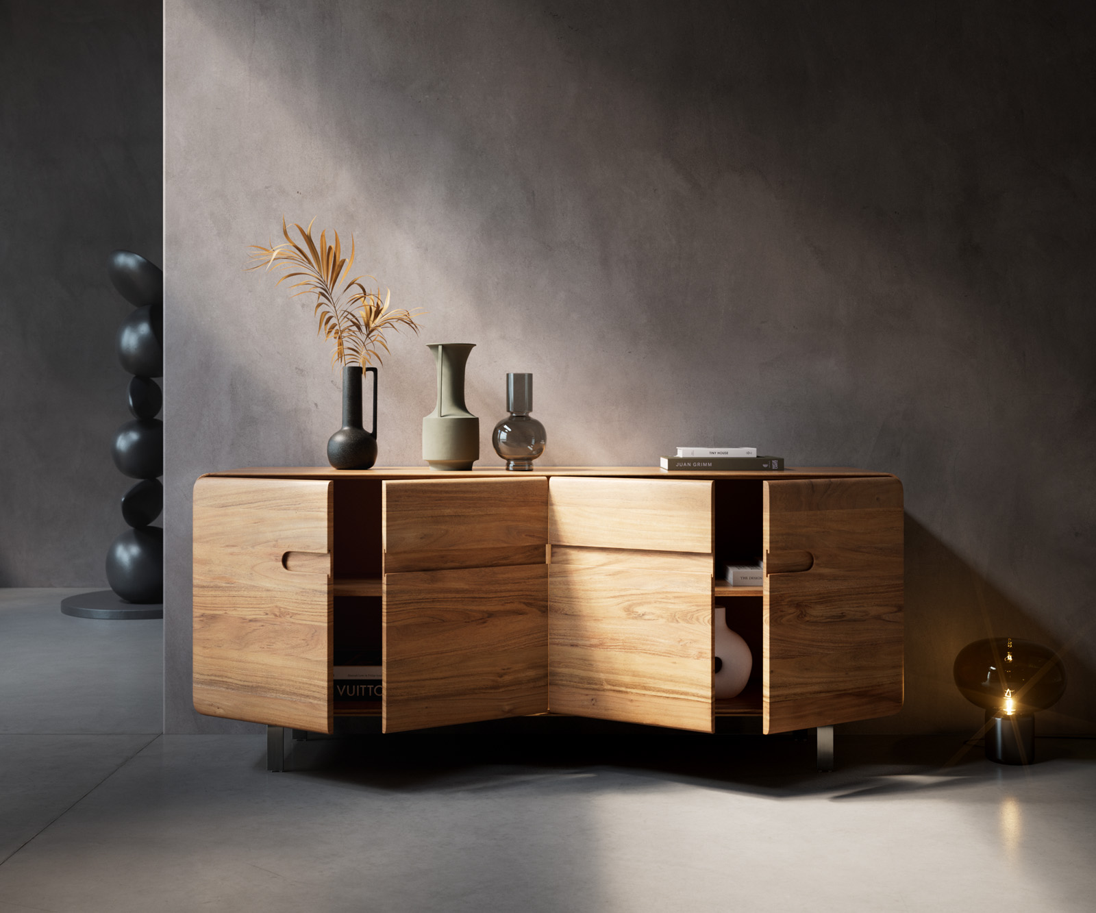 Komód Anaya 175 cm akác természetes 4 ajtós L-láb rozsdamentes acél - Image 5