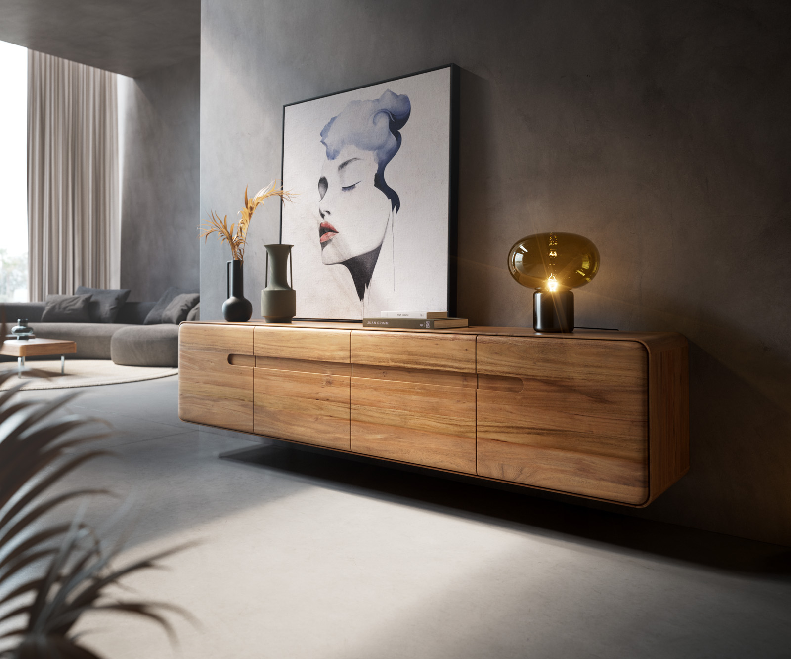 TV szekrény Anaya 200 cm akác természetes 4 ajtós lebegő - Image 2