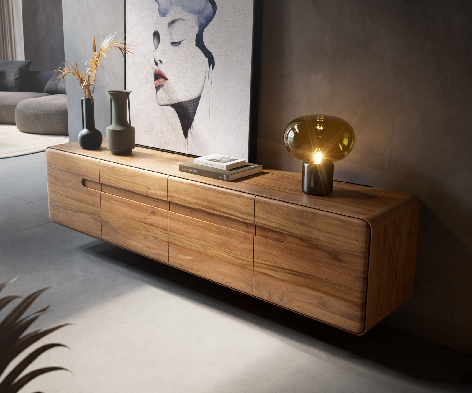 TV szekrény Anaya 200 cm akác természetes 4 ajtós lebegő - Image 4