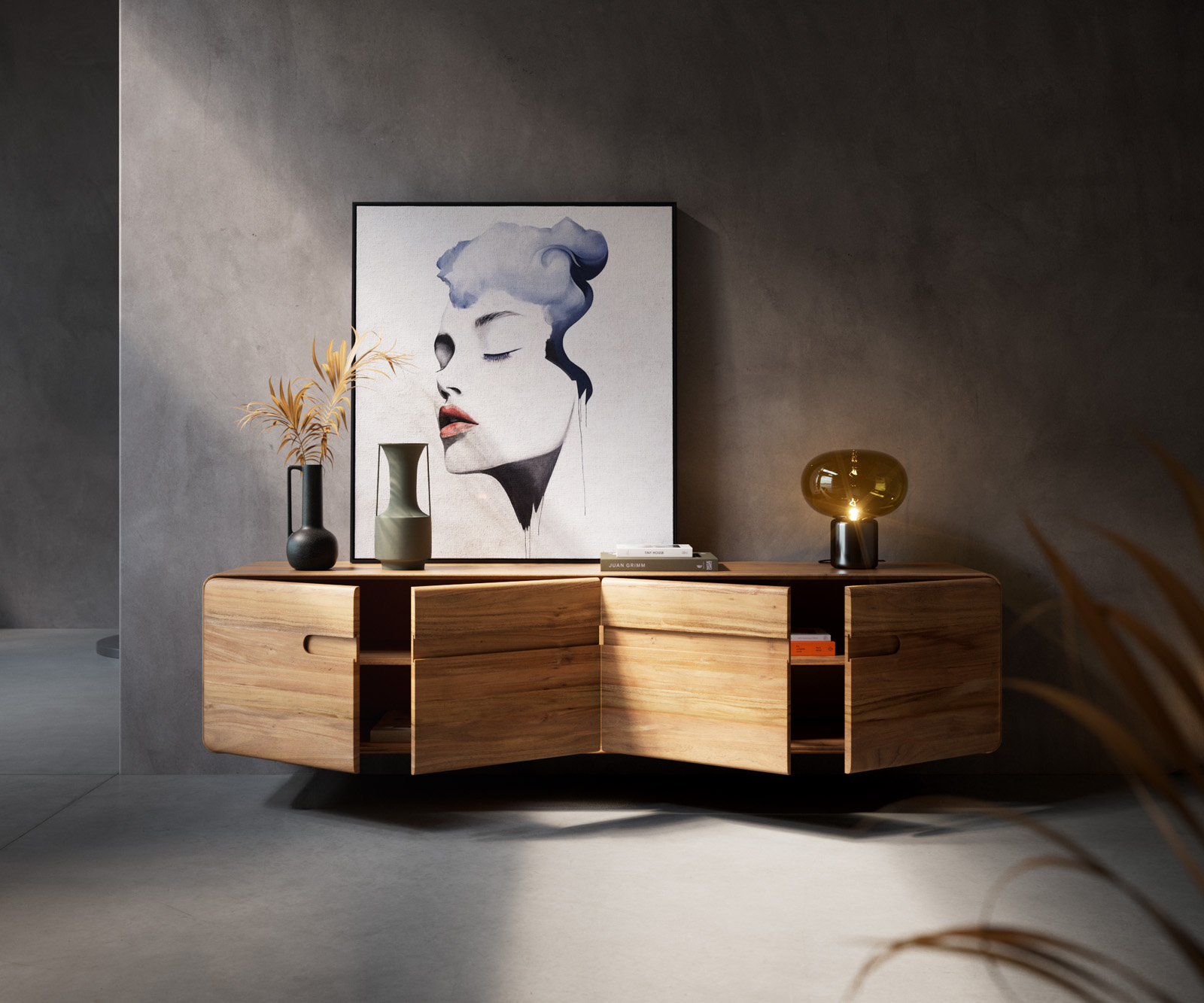 TV szekrény Anaya 200 cm akác természetes 4 ajtós lebegő - Image 5