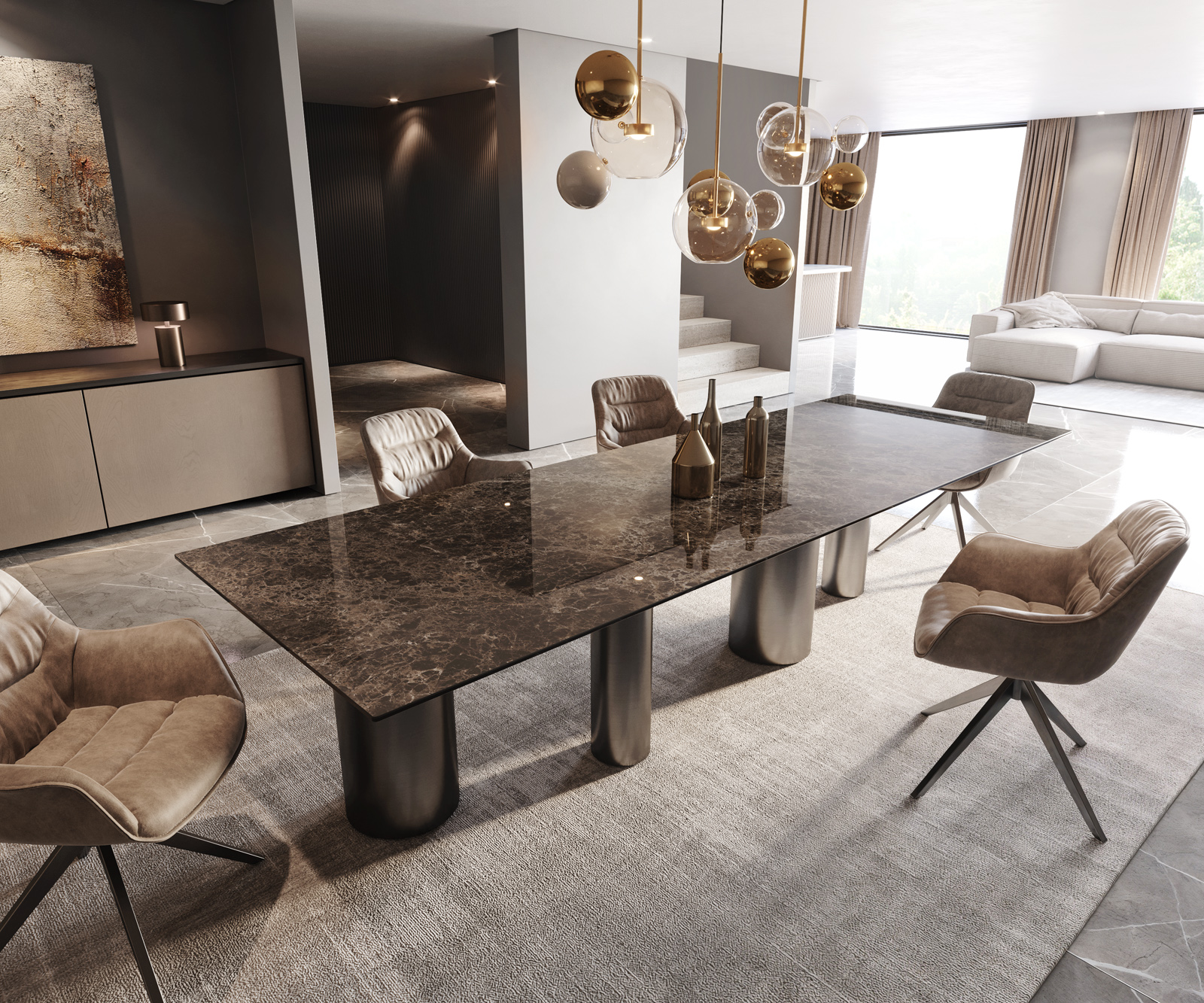 Étkezőasztal Edge 300x100 Laminam® Emperador extra fényes kerámia sötétbarna rozsdamentes acél grafit láb - Image 2