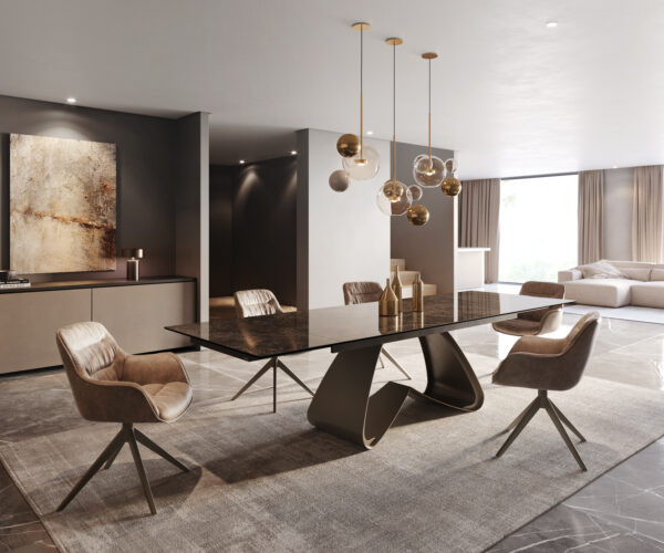 Étkezőasztal Edge 200-300x100 kerámia Laminam® Emperador Extra Lucidato sötétbarna W alakú láb titán hatású bővíthető - Image 6