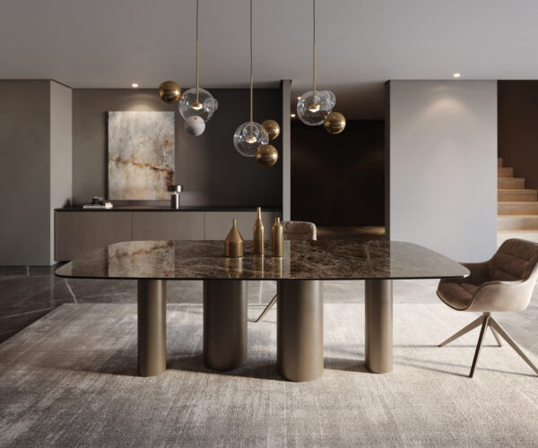 Étkezőasztal Edge hajóformájú 240x120 cm Laminam® Emperador kerámia Extra Lucidato sötétbarna Pilier fém titán effekt felület - Image 2