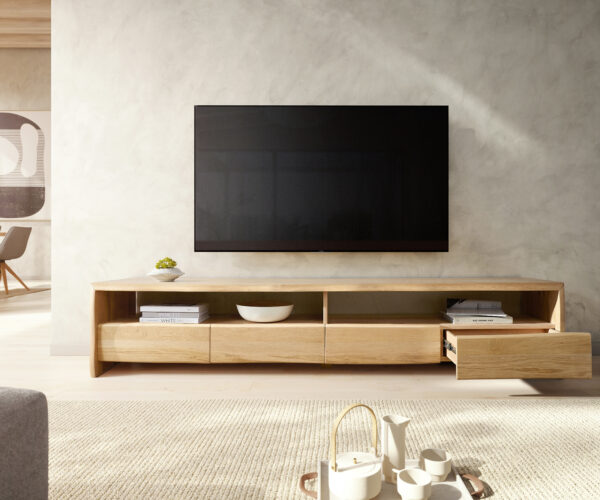 TV szekrény Live-Edge 230 cm tölgy természetes 4 fiókos masszív természetes él - Image 5