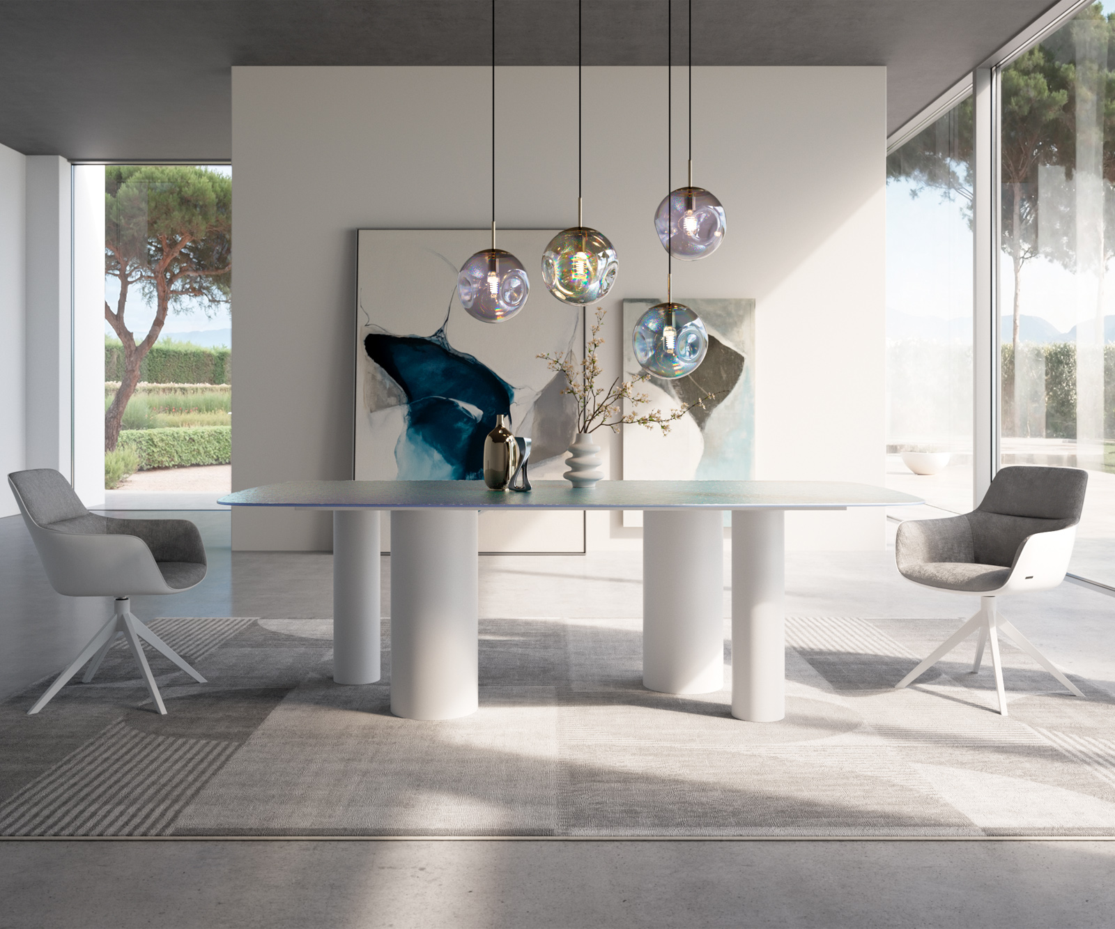 Étkezőasztal Edge hajóformájú 240x120 domborított üveg gyöngyház 3D design Pilier fém fehér