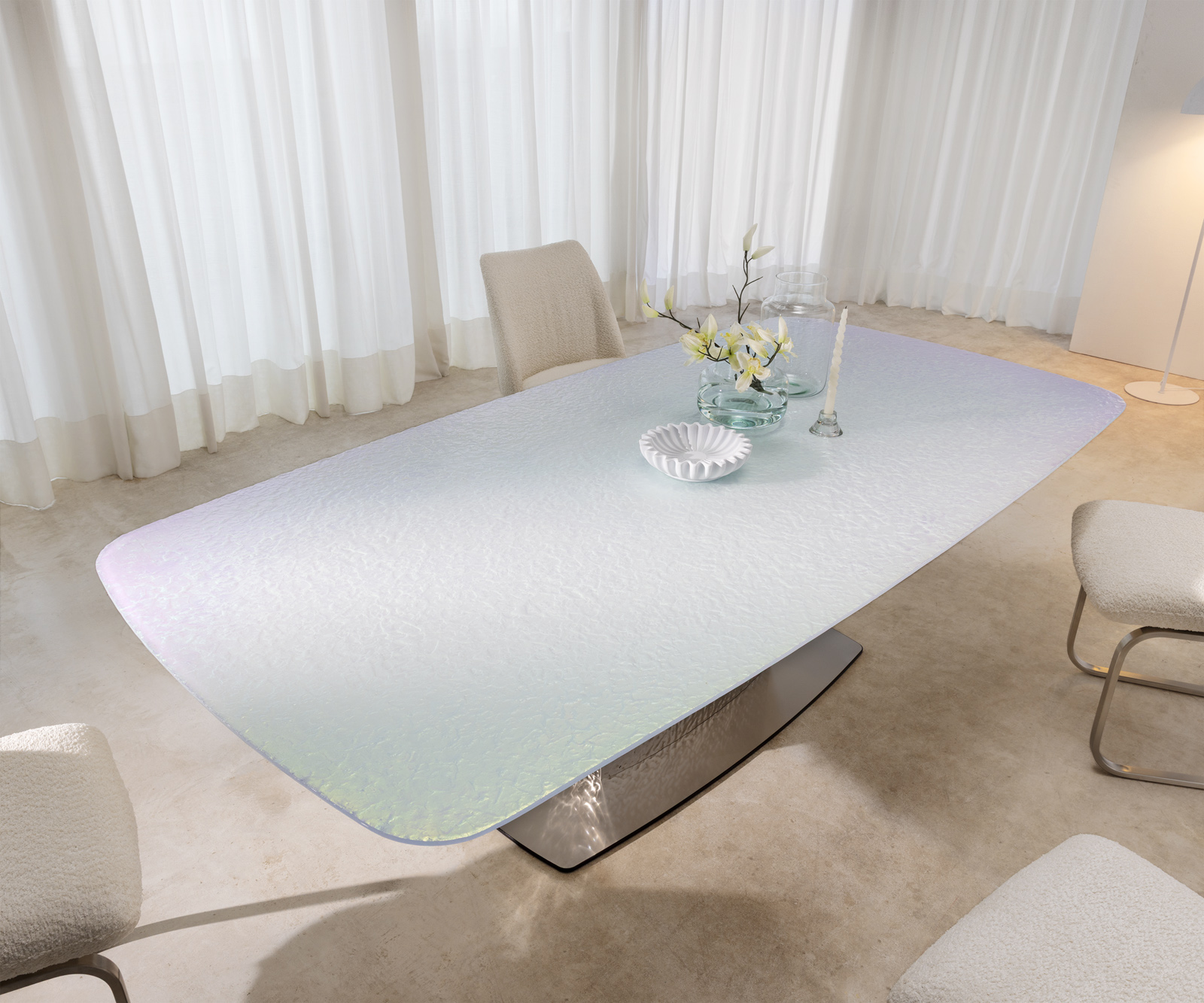 Étkezőasztal Edge hajóformájú 240x120 domborított üveg gyöngyház 3D design hullám rozsdamentes acél - Image 5