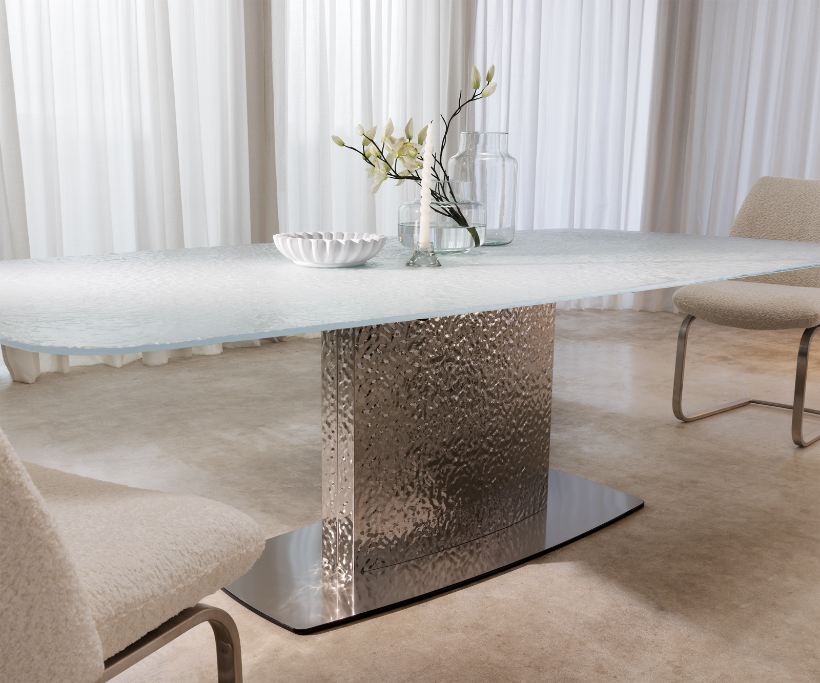 Étkezőasztal Edge hajóformájú 240x120 domborított üveg gyöngyház 3D design hullám rozsdamentes acél - Image 6