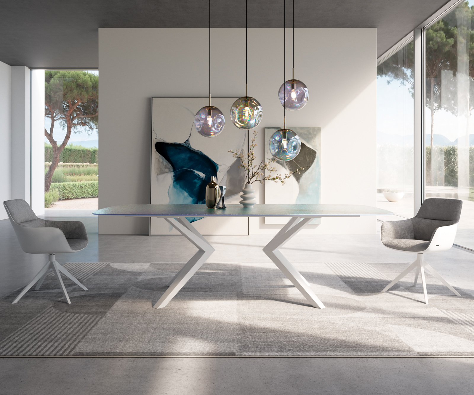 Étkezőasztal Edge hajóformájú 240x120 domborított üveg gyöngyház 3D design Zenthara szögletes fém fehér