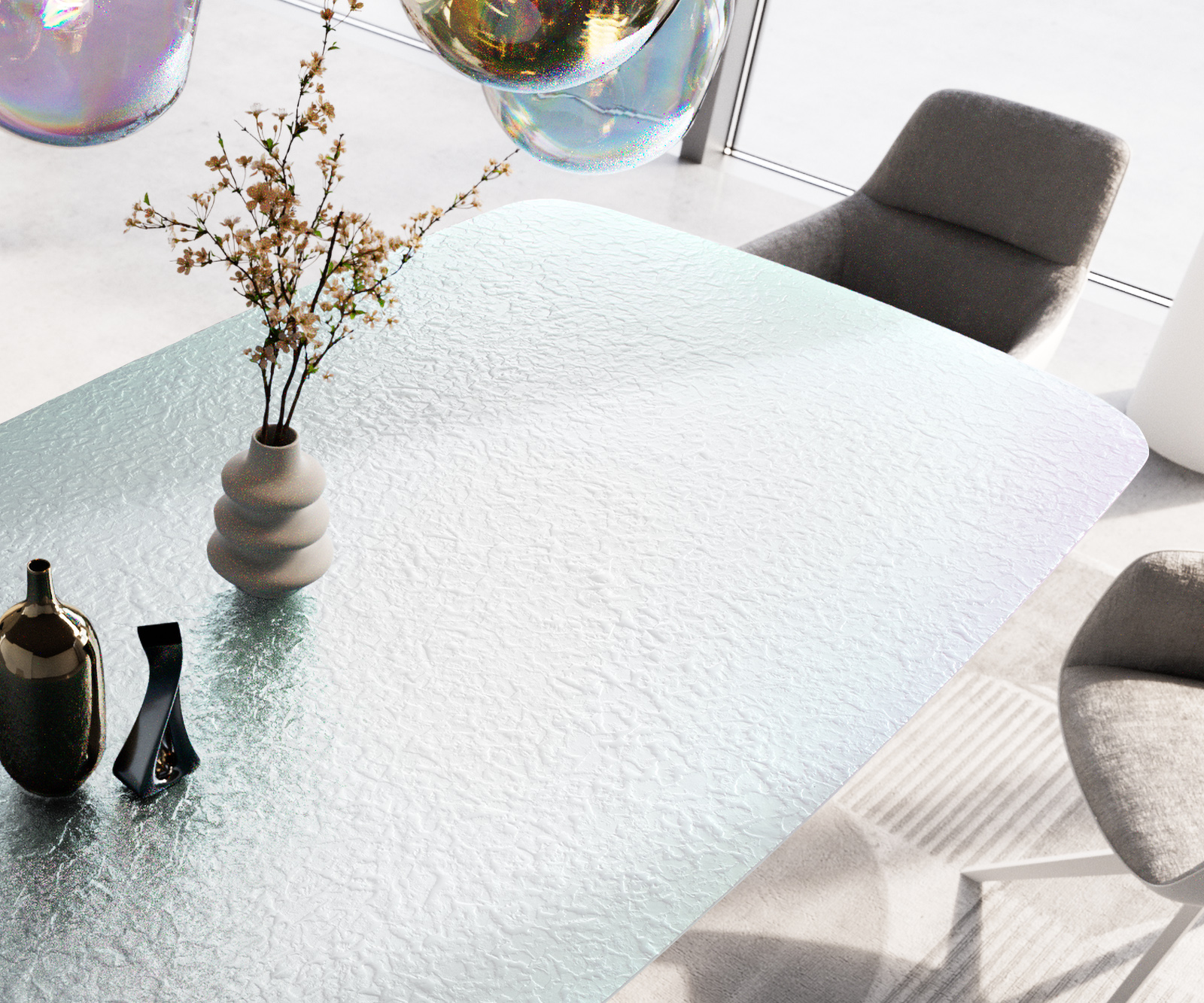 Étkezőasztal Edge hajóformájú 240x120 domborított üveg gyöngyház 3D design Zenthara szögletes fém fehér - Image 5
