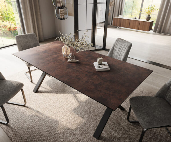Étkezőasztal Edge 200x100 üveg vintage barna X alakú fém fekete - Image 4