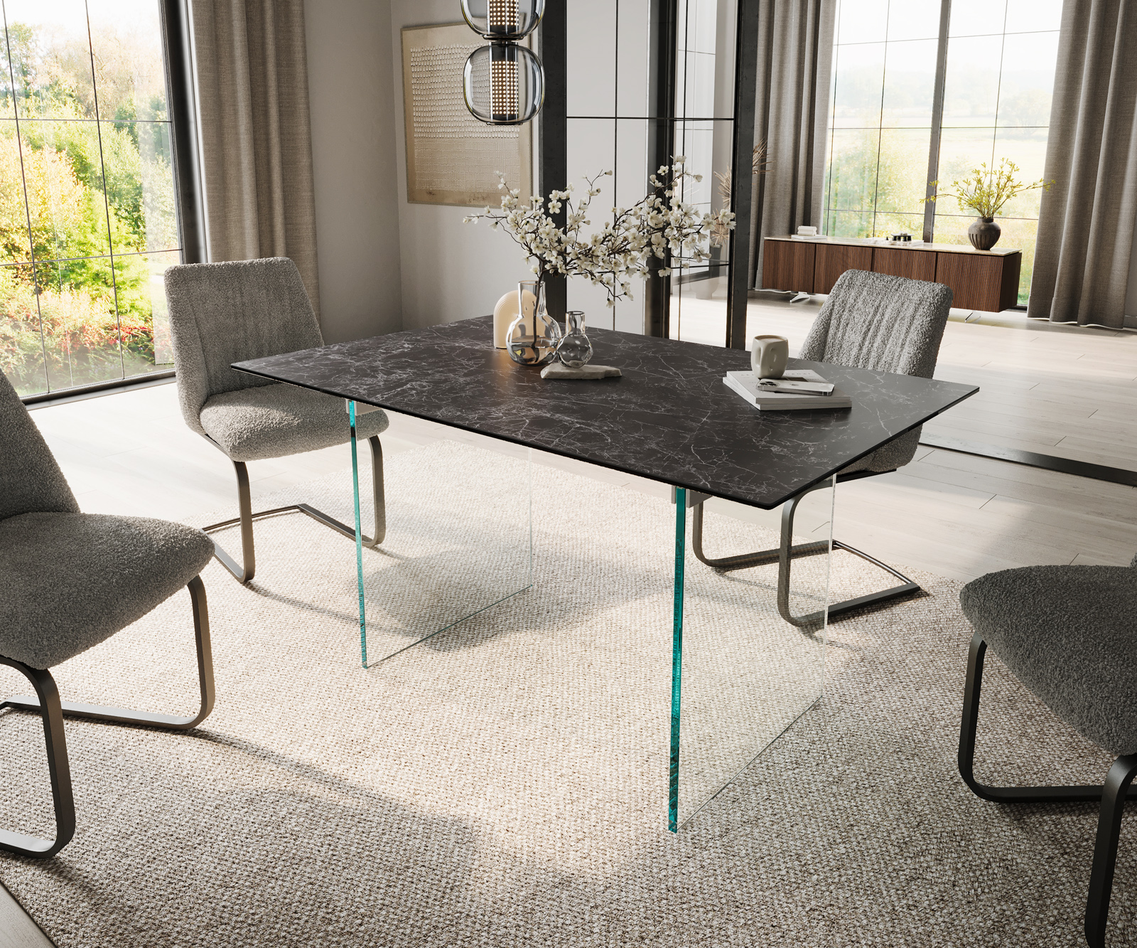 Étkezőasztal Edge 140x90 kerámia Laminam® Nero Greco antracit üveglábbal