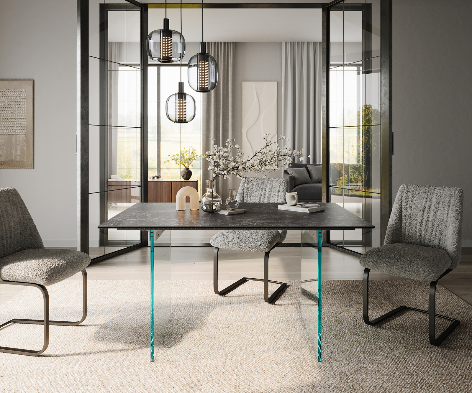 Étkezőasztal Edge 140x90 kerámia Laminam® Nero Greco antracit üveglábbal - Image 2