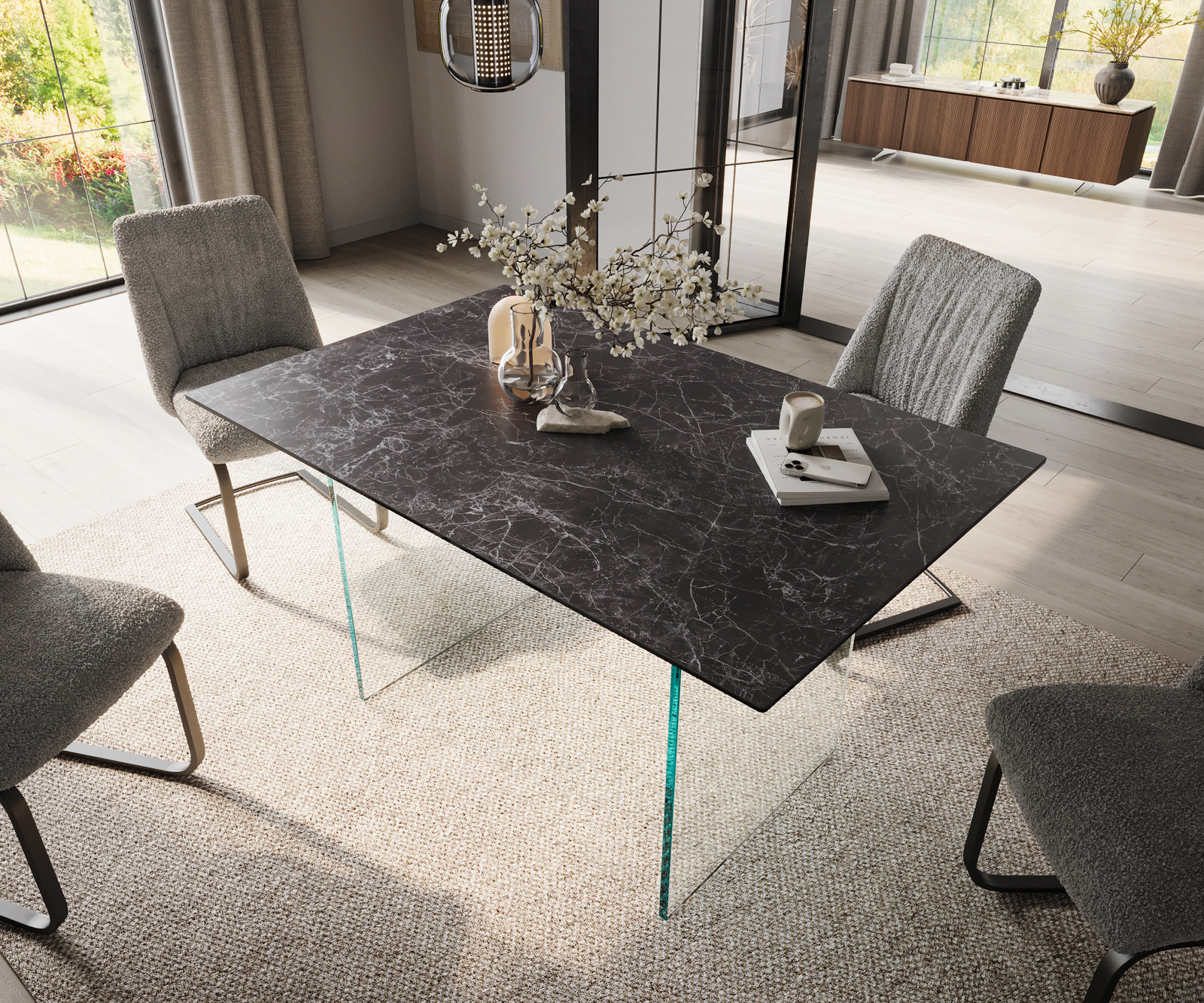 Étkezőasztal Edge 140x90 kerámia Laminam® Nero Greco antracit üveglábbal - Image 4