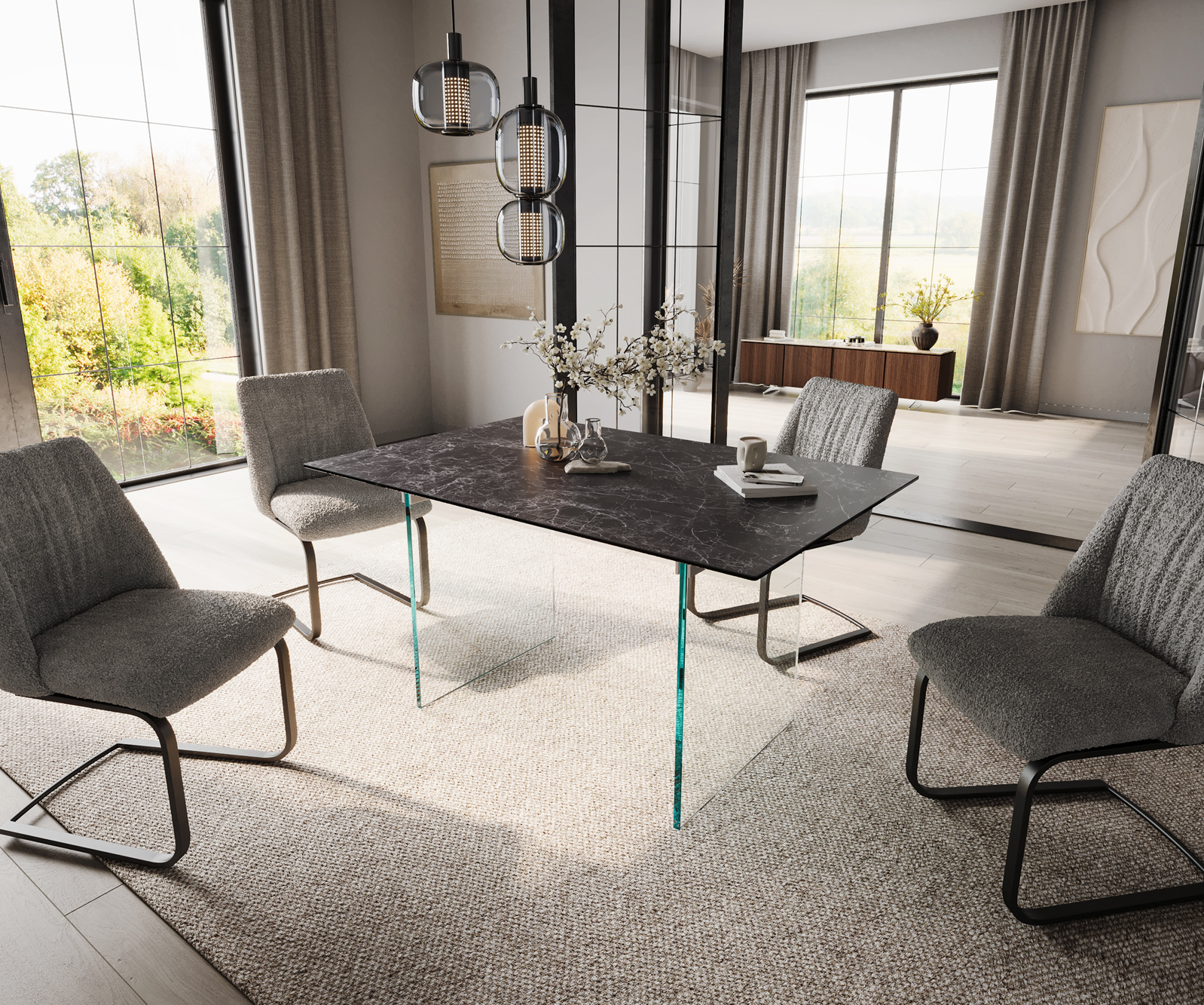 Étkezőasztal Edge 140x90 kerámia Laminam® Nero Greco antracit üveglábbal - Image 5