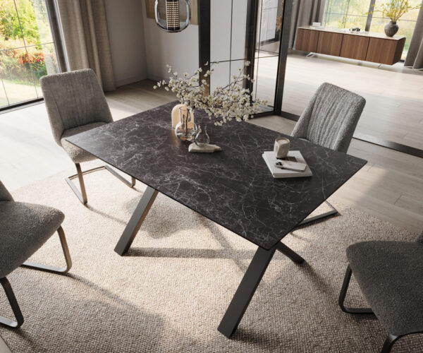 Étkezőasztal Edge 140x90 kerámia Laminam® Nero Greco antracit "X" alakú fém láb fekete - Image 4