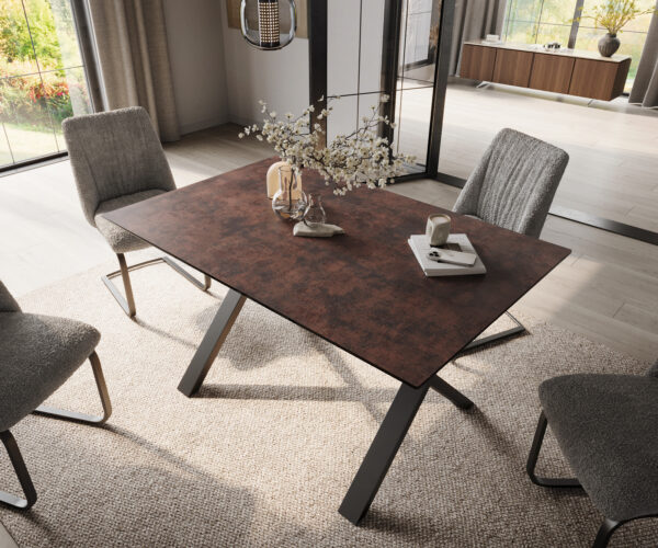 Étkezőasztal Edge 140x90 üveg vintage barna "X" alakú fém fekete - Image 4