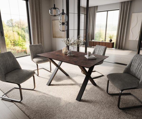 Étkezőasztal Edge 140x90 üveg vintage barna "X" alakú fém fekete - Image 5