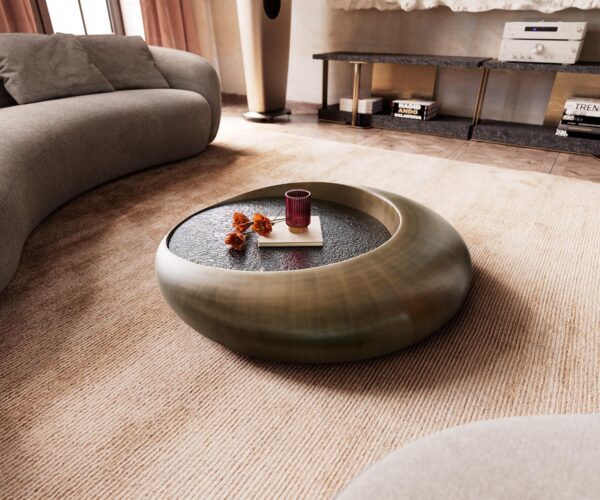 Dohányzóasztal Blaise 100x100 cm metál arany domborított üveg taupe